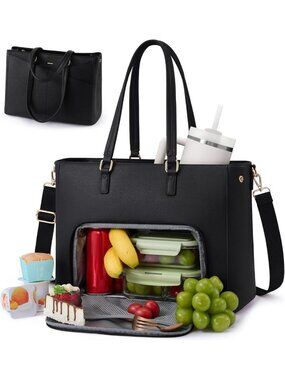 Stylish Insulated Lunch Tote Bag for Women, 3-in-1 Work & Laptop Bag, Black